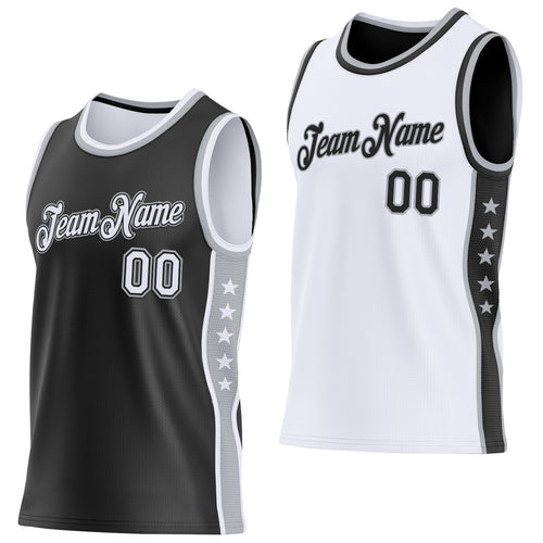 Custom Reversible Black White-Gray Double Side Star Sublimation Basketball Set Jersey