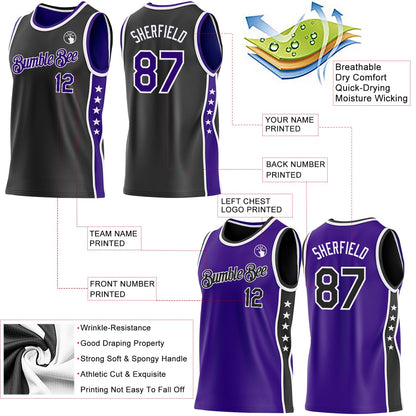Custom Reversible Black Purple-White Double Side Star Sublimation Basketball Set Jersey