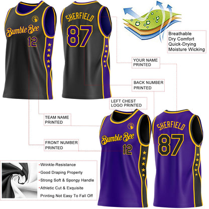 Custom Reversible Black Purple-Gold Double Side Star Sublimation Basketball Set Jersey