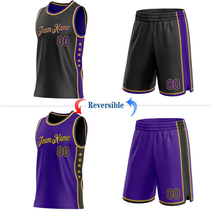 Custom Reversible Black Purple-Old Gold Double Side Star Sublimation Basketball Set Jersey