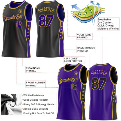 Custom Reversible Black Purple-Old Gold Double Side Star Sublimation Basketball Set Jersey