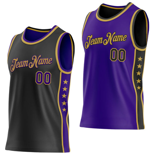 Custom Reversible Black Purple-Old Gold Double Side Star Sublimation Basketball Set Jersey