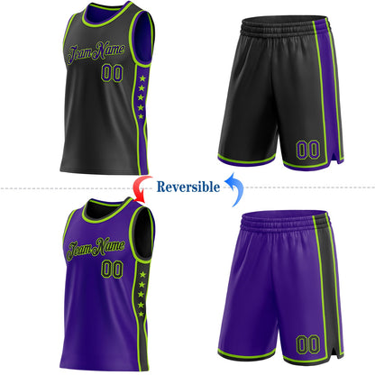 Custom Reversible Black Purple-Neon Green Double Side Star Sublimation Basketball Set Jersey