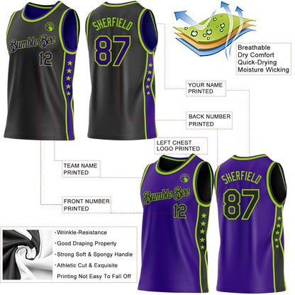 Custom Reversible Black Purple-Neon Green Double Side Star Sublimation Basketball Set Jersey