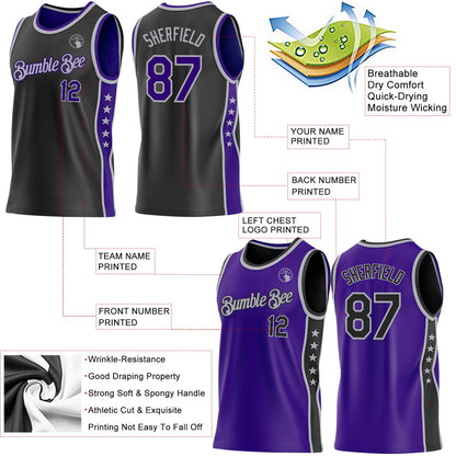 Custom Reversible Black Purple-Gray Double Side Star Sublimation Basketball Set Jersey