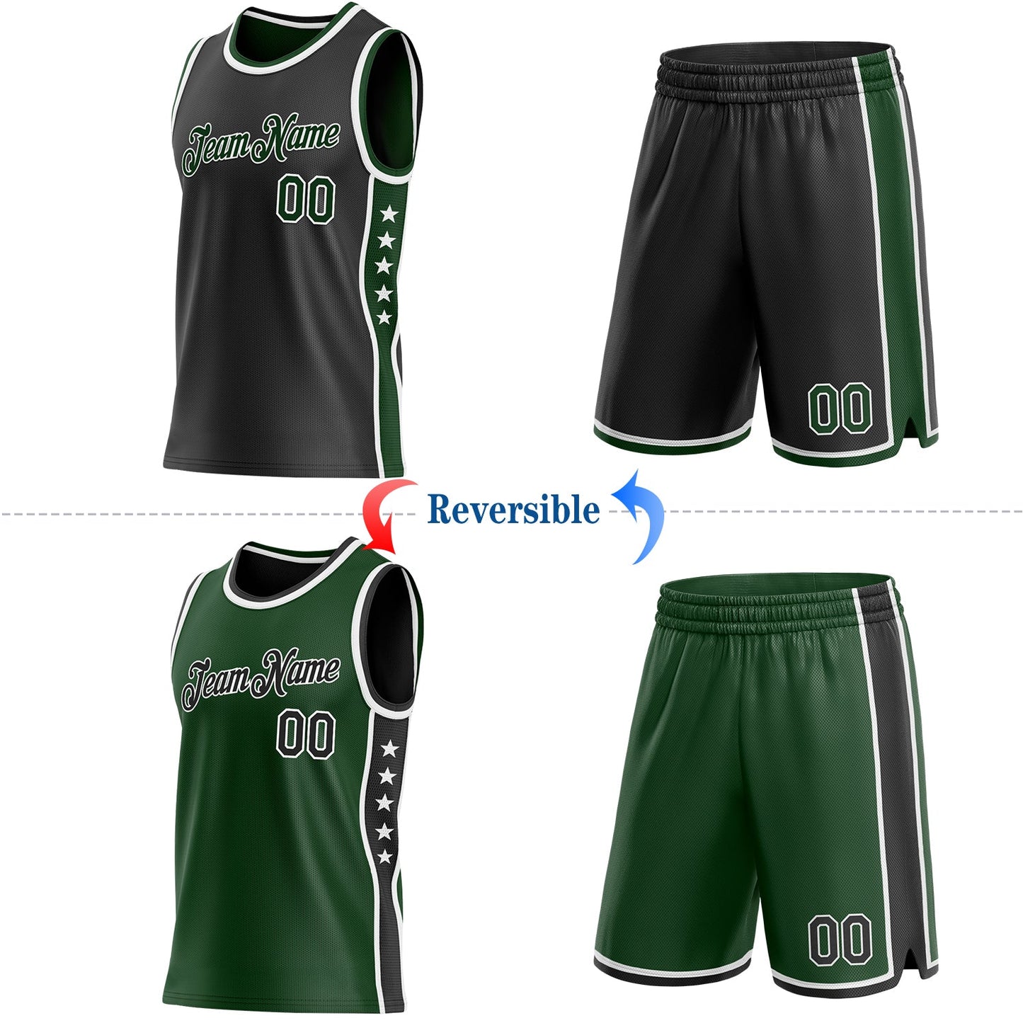 Custom Reversible Black Green-White Double Side Star Sublimation Basketball Set Jersey