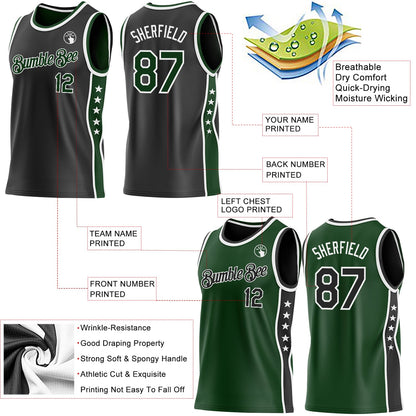 Custom Reversible Black Green-White Double Side Star Sublimation Basketball Set Jersey