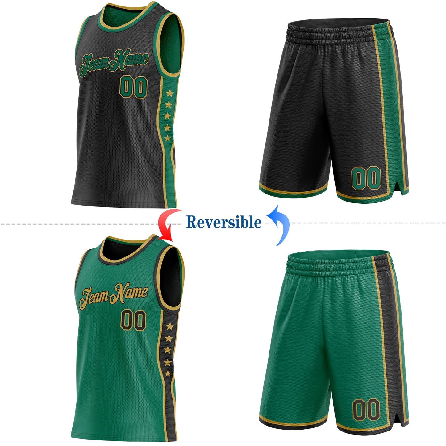 Custom Reversible Black Kelly Green-Old Gold Double Side Star Sublimation Basketball Set Jersey