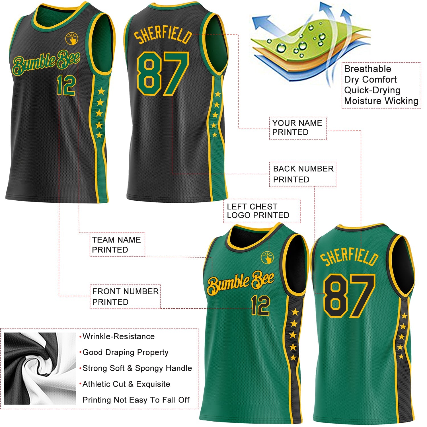 Custom Reversible Black Kelly Green-Gold Double Side Star Sublimation Basketball Set Jersey
