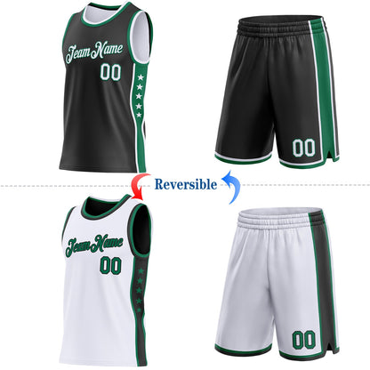 Custom Reversible Black White-Kelly Green Double Side Star Sublimation Basketball Set Jersey