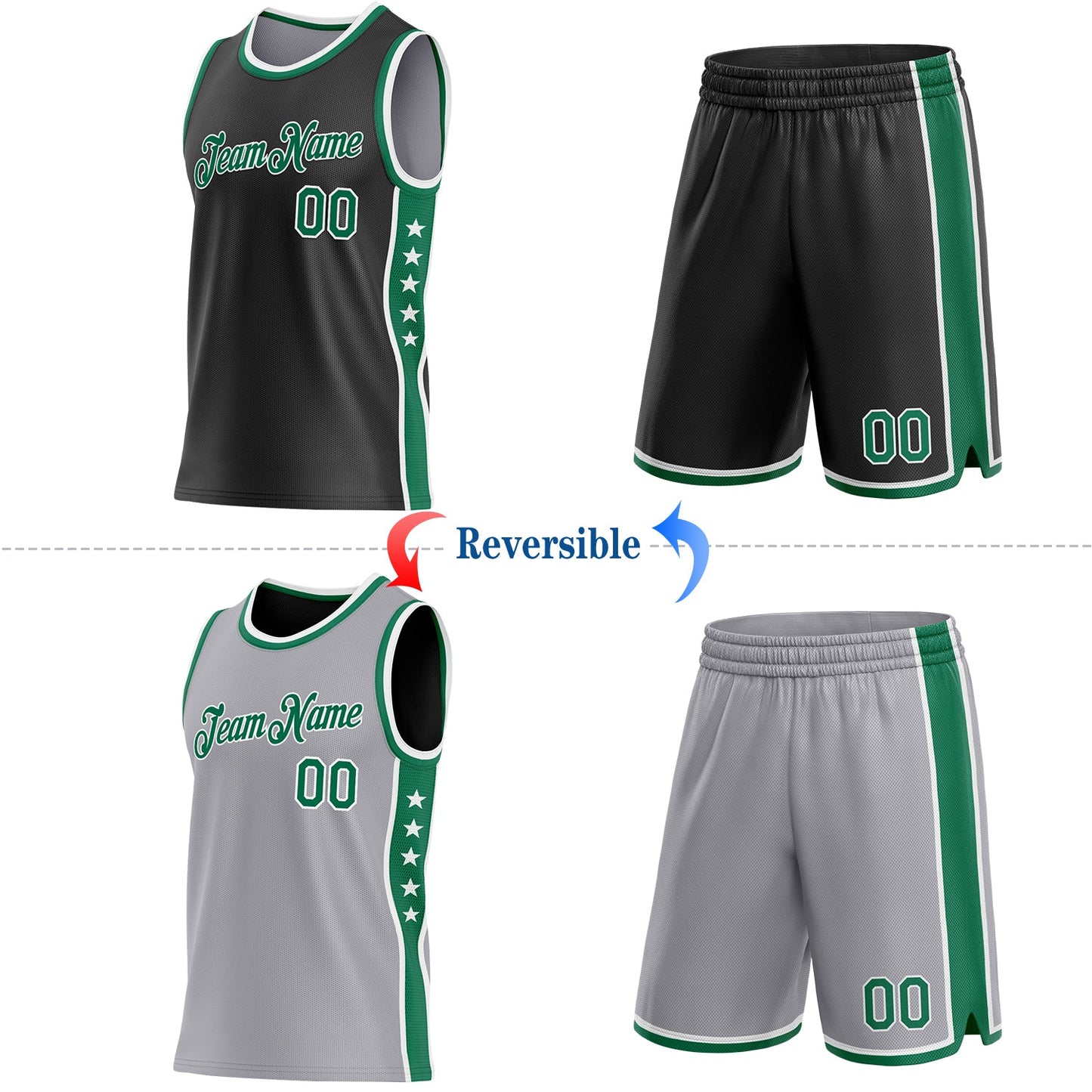 Custom Reversible Black Kelly Green-White Double Side Star Sublimation Basketball Set Jersey