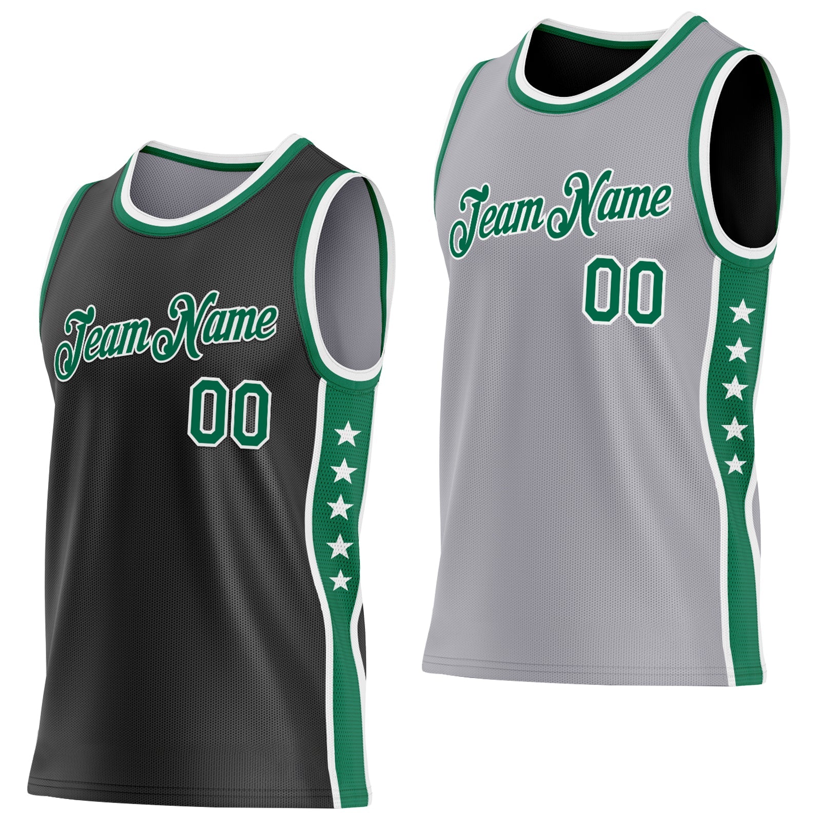 Custom Reversible Black Kelly Green-White Double Side Star Sublimation Basketball Set Jersey