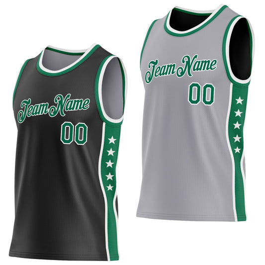 Custom Reversible Black Kelly Green-White Double Side Star Sublimation Basketball Set Jersey