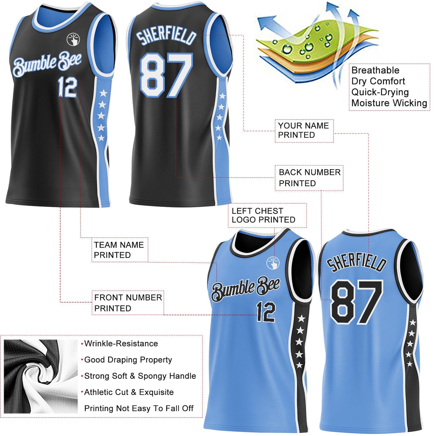 Custom Reversible Black White-Lakes Blue Double Side Star Sublimation Basketball Set Jersey