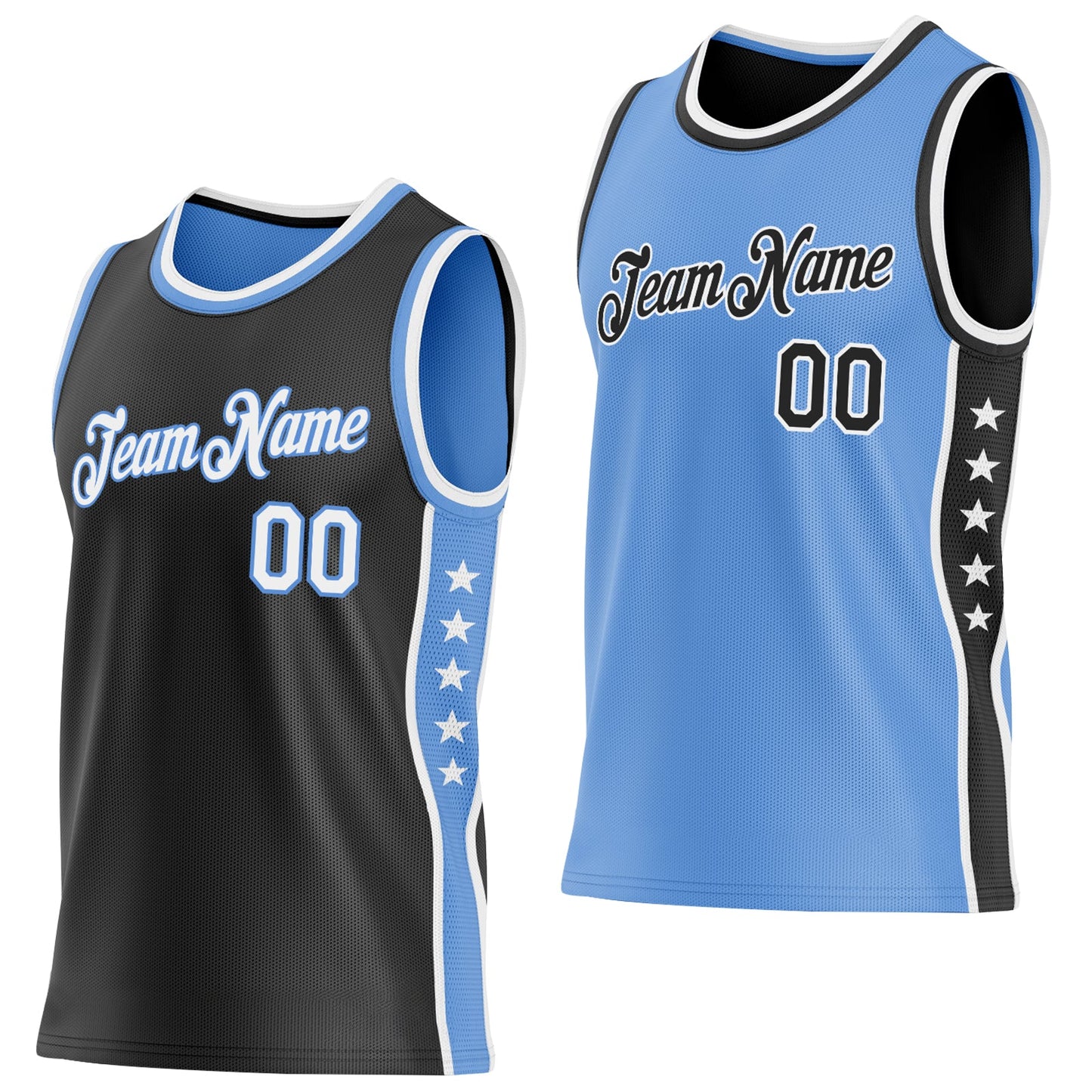 Custom Reversible Black White-Lakes Blue Double Side Star Sublimation Basketball Set Jersey