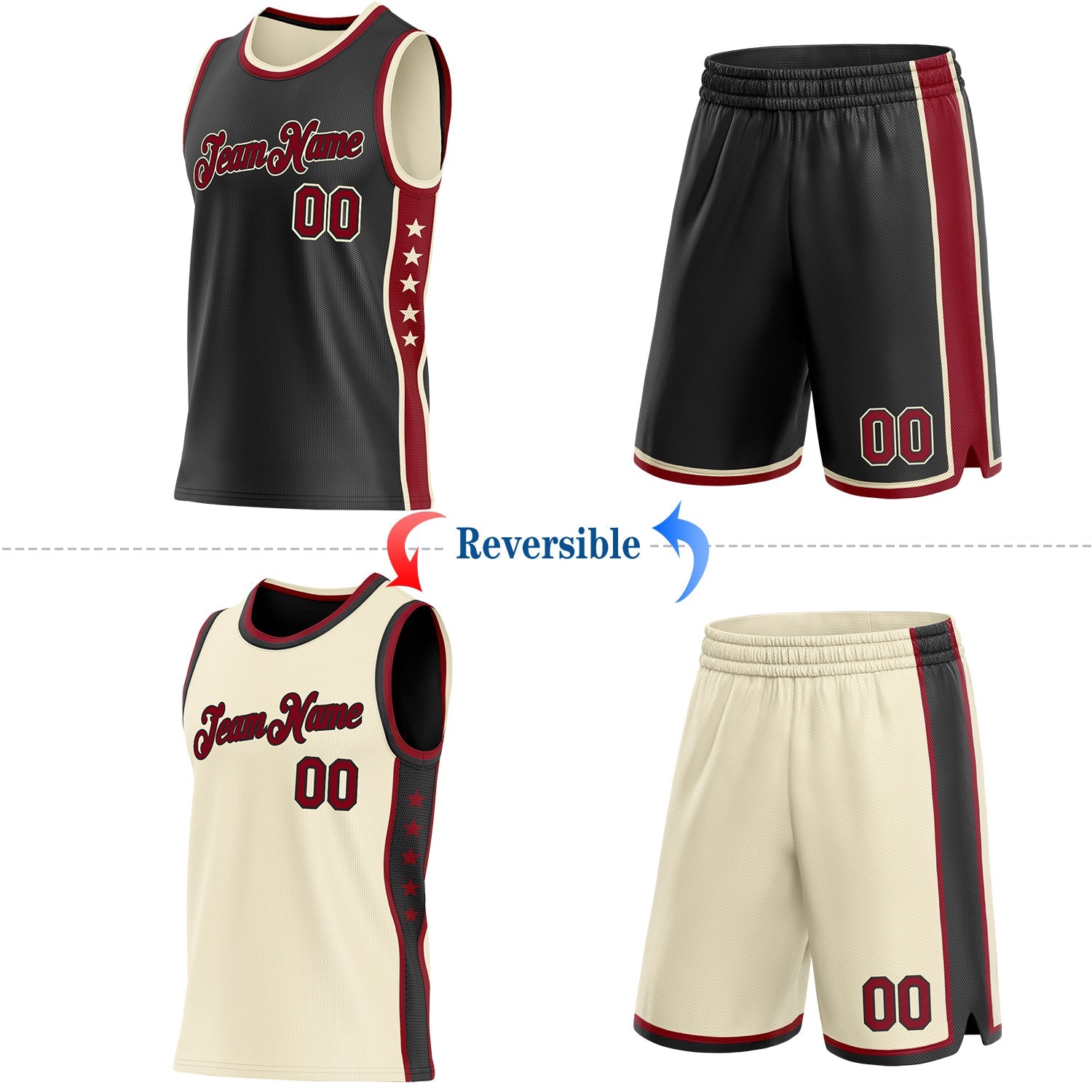 Custom Reversible Black Crimson-Cream Double Side Star Sublimation Basketball Set Jersey