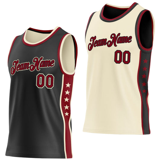 Custom Reversible Black Crimson-Cream Double Side Star Sublimation Basketball Set Jersey
