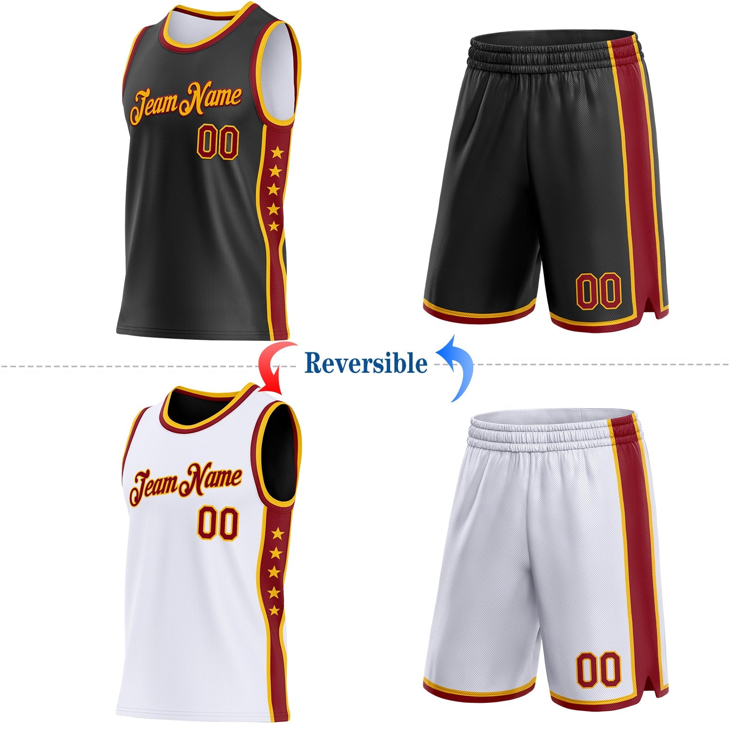 Custom Reversible Black Crimson-Gold Double Side Star Sublimation Basketball Set Jersey