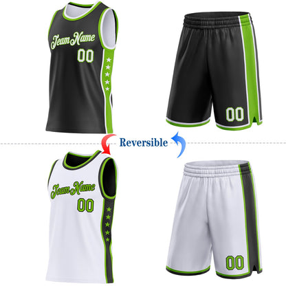 Custom Reversible Black White-Neon Green Double Side Star Sublimation Basketball Set Jersey