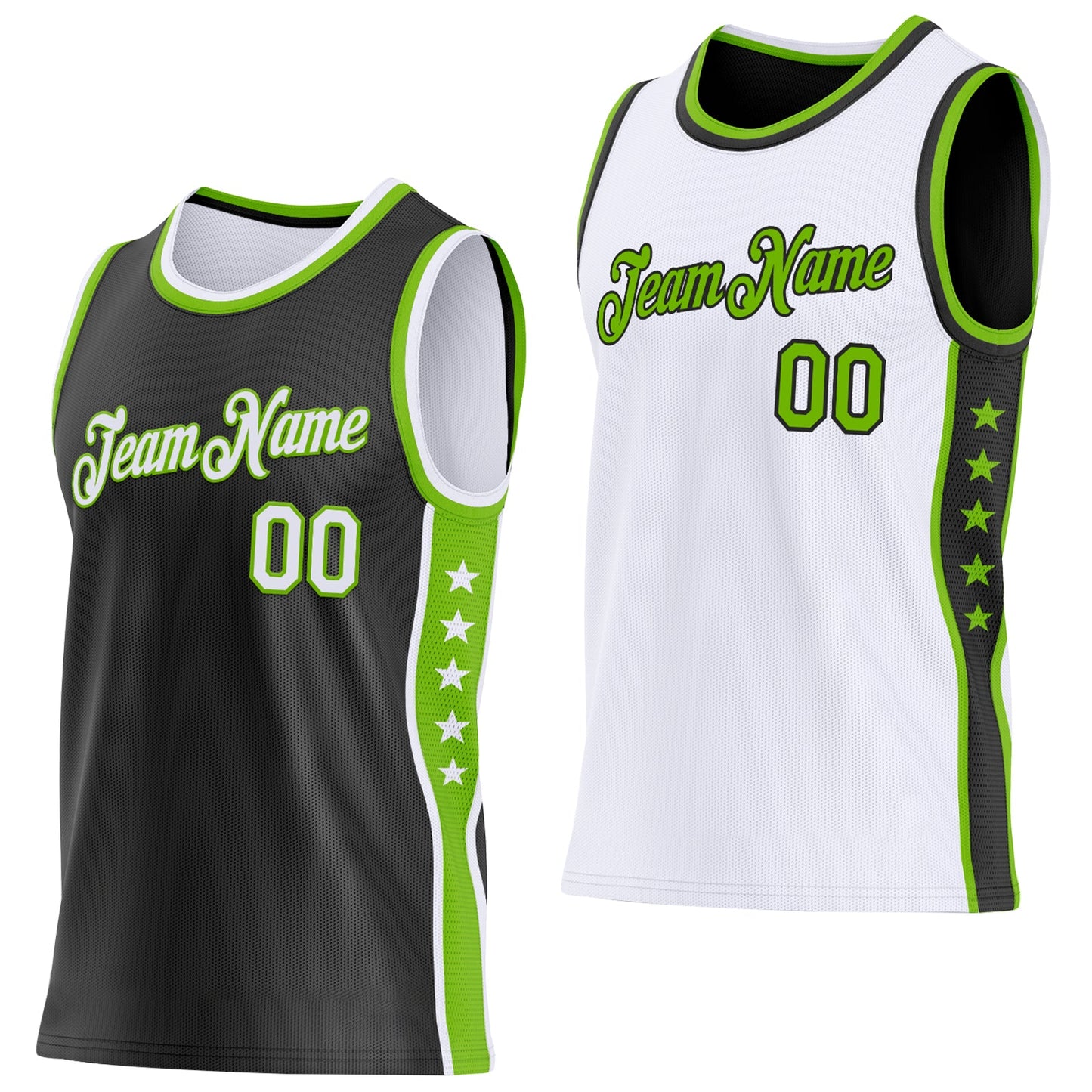 Custom Reversible Black White-Neon Green Double Side Star Sublimation Basketball Set Jersey