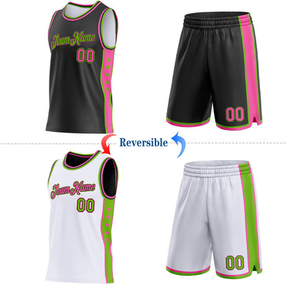 Custom Reversible Black Pink-Neon Green Double Side Star Sublimation Basketball Set Jersey