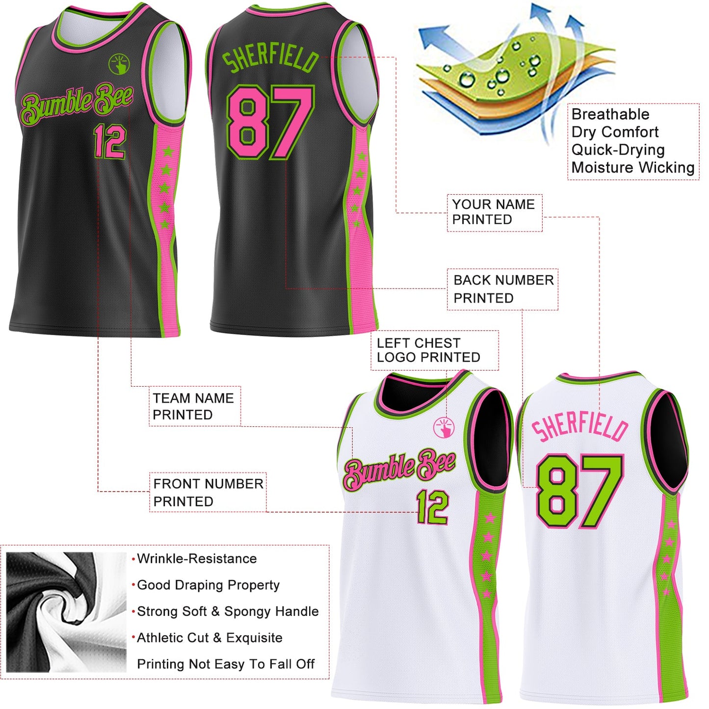 Custom Reversible Black Pink-Neon Green Double Side Star Sublimation Basketball Set Jersey