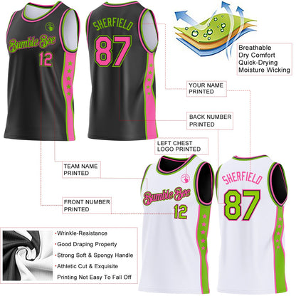 Custom Reversible Black Pink-Neon Green Double Side Star Sublimation Basketball Set Jersey