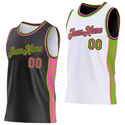 Custom Reversible Black Pink-Neon Green Double Side Star Sublimation Basketball Set Jersey
