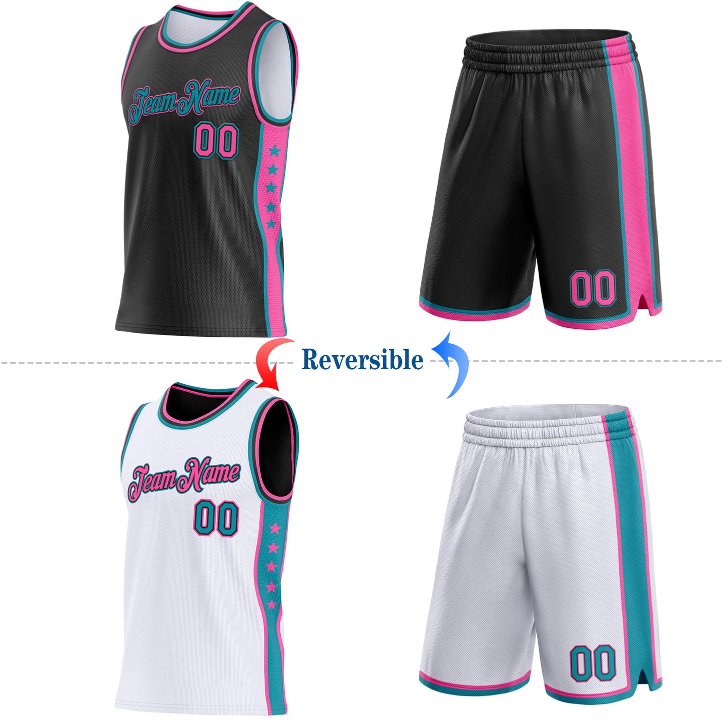 Custom Reversible Black Pink-Teal Double Side Star Sublimation Basketball Set Jersey