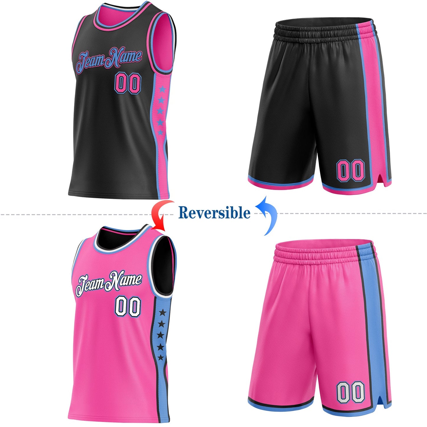 Custom Reversible Black Pink-Lakes Blue Double Side Star Sublimation Basketball Set Jersey