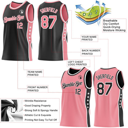 Custom Reversible Black Medium Pink-White Double Side Star Sublimation Basketball Set Jersey