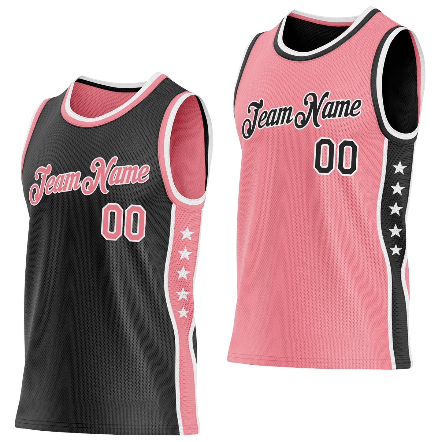Custom Reversible Black Medium Pink-White Double Side Star Sublimation Basketball Set Jersey