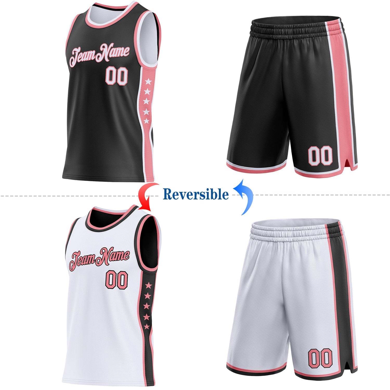 Custom Reversible Black White-Medium Pink Double Side Star Sublimation Basketball Set Jersey
