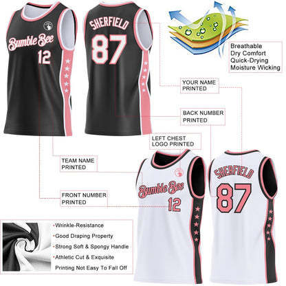 Custom Reversible Black White-Medium Pink Double Side Star Sublimation Basketball Set Jersey