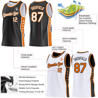Custom Reversible Black White-Bay Orange Double Side Star Sublimation Basketball Set Jersey