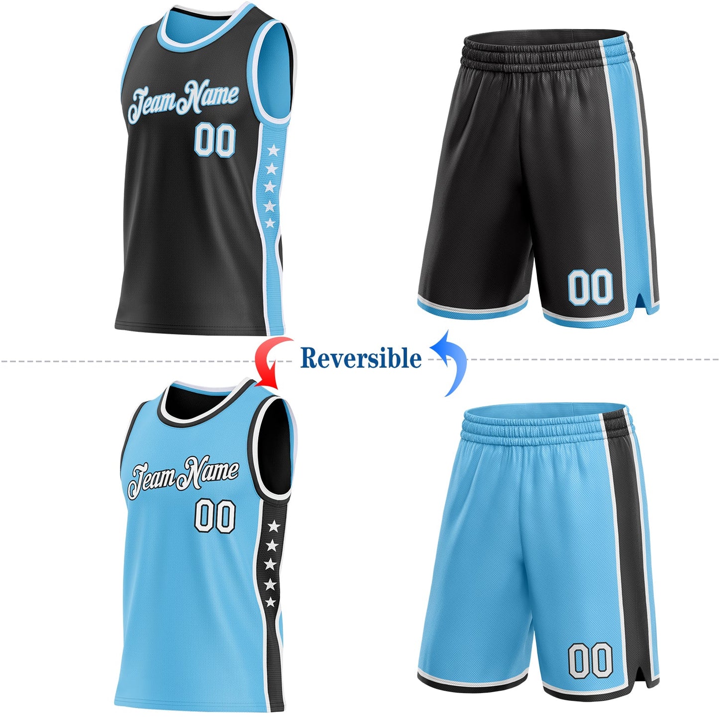 Custom Reversible Black White-Sky Blue Double Side Star Sublimation Basketball Set Jersey