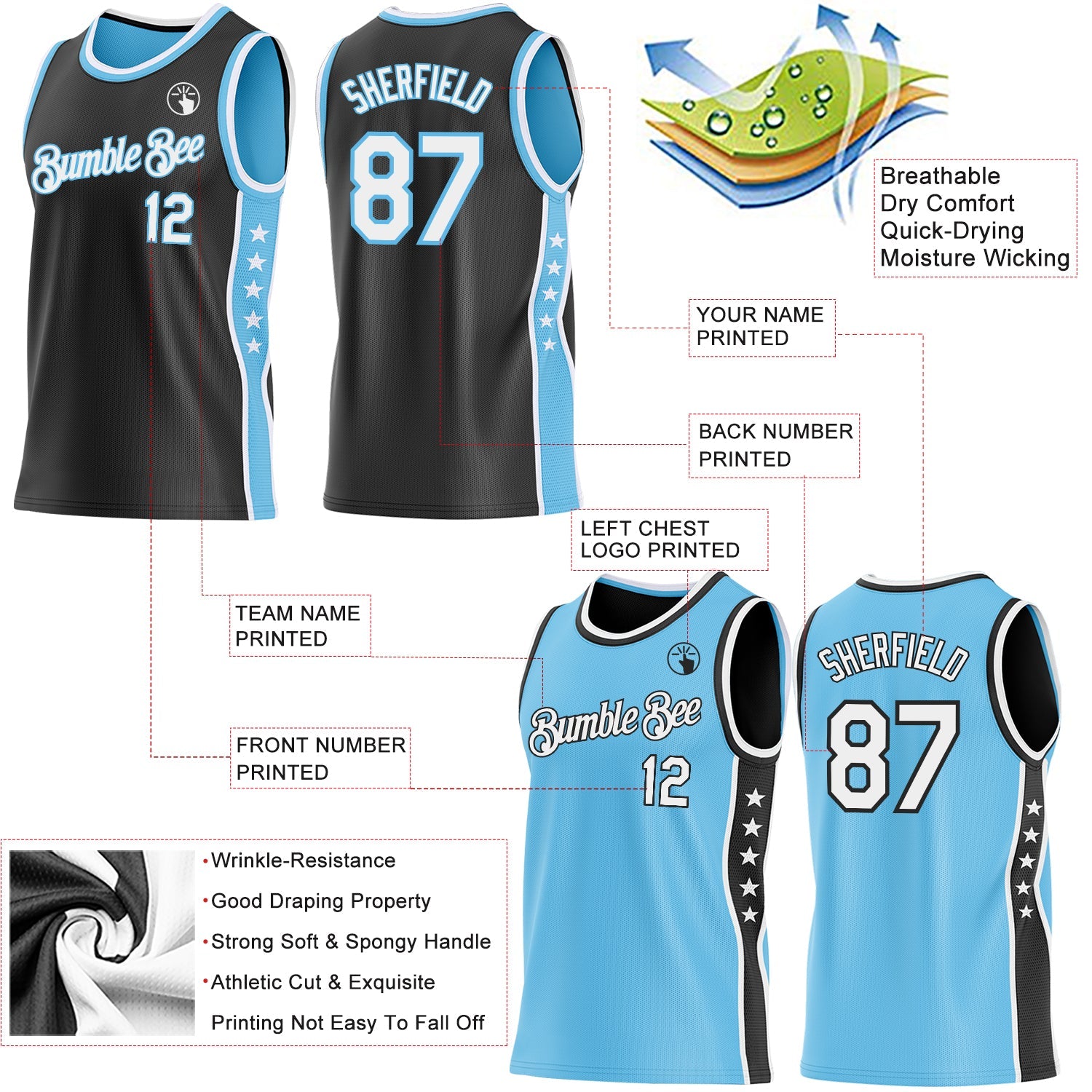 Custom Reversible Black White-Sky Blue Double Side Star Sublimation Basketball Set Jersey