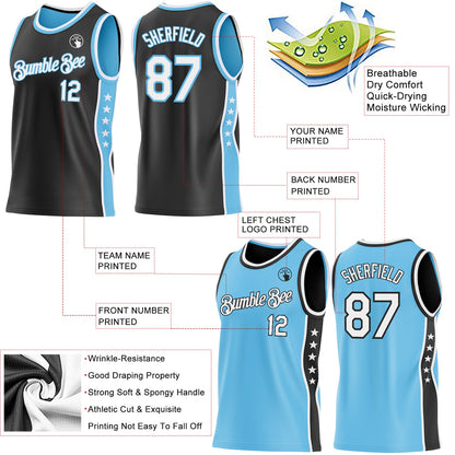 Custom Reversible Black White-Sky Blue Double Side Star Sublimation Basketball Set Jersey