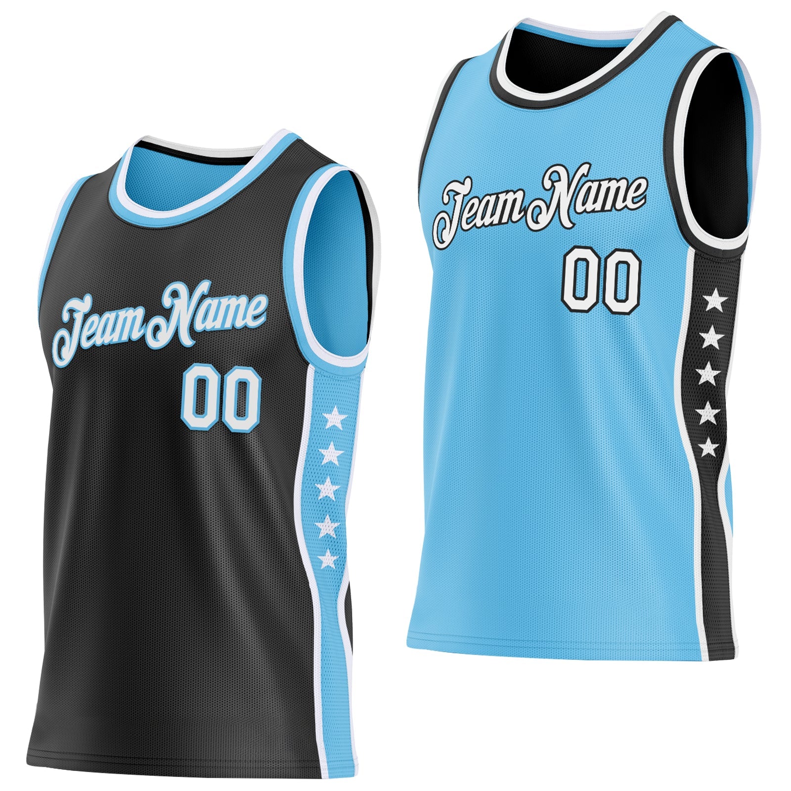 Custom Reversible Black White-Sky Blue Double Side Star Sublimation Basketball Set Jersey