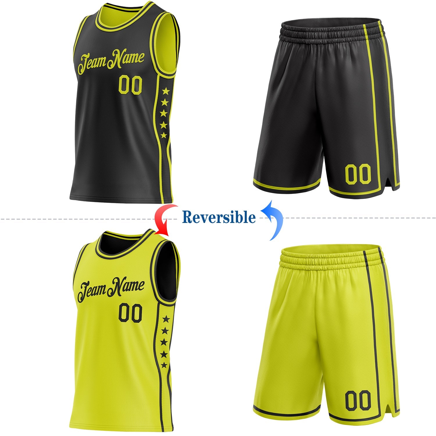 Custom Reversible Black Neon Yellow Double Side Star Sublimation Basketball Set Jersey