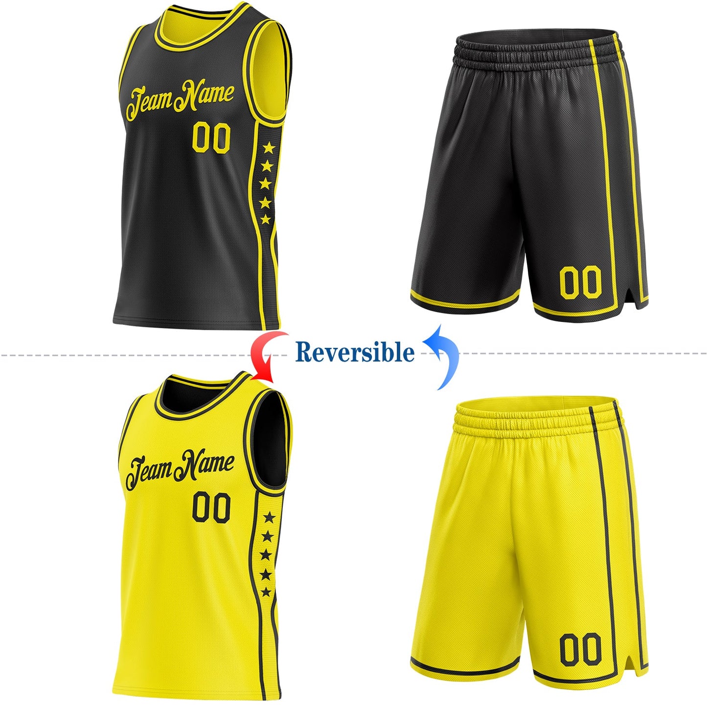 Custom Reversible Black Light Yellow Double Side Star Sublimation Basketball Set Jersey
