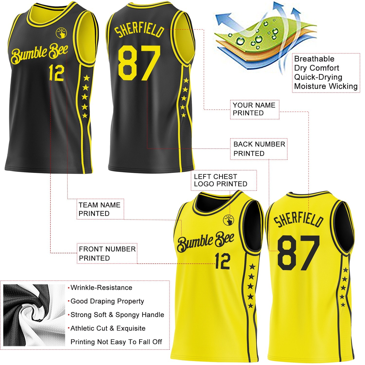 Custom Reversible Black Light Yellow Double Side Star Sublimation Basketball Set Jersey