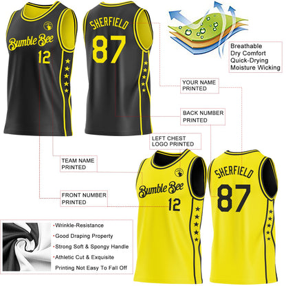 Custom Reversible Black Light Yellow Double Side Star Sublimation Basketball Set Jersey
