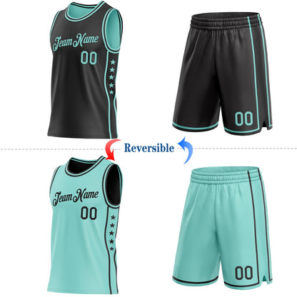 Custom Reversible Black Ice Blue Double Side Star Sublimation Basketball Set Jersey