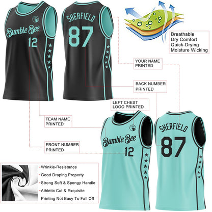 Custom Reversible Black Ice Blue Double Side Star Sublimation Basketball Set Jersey