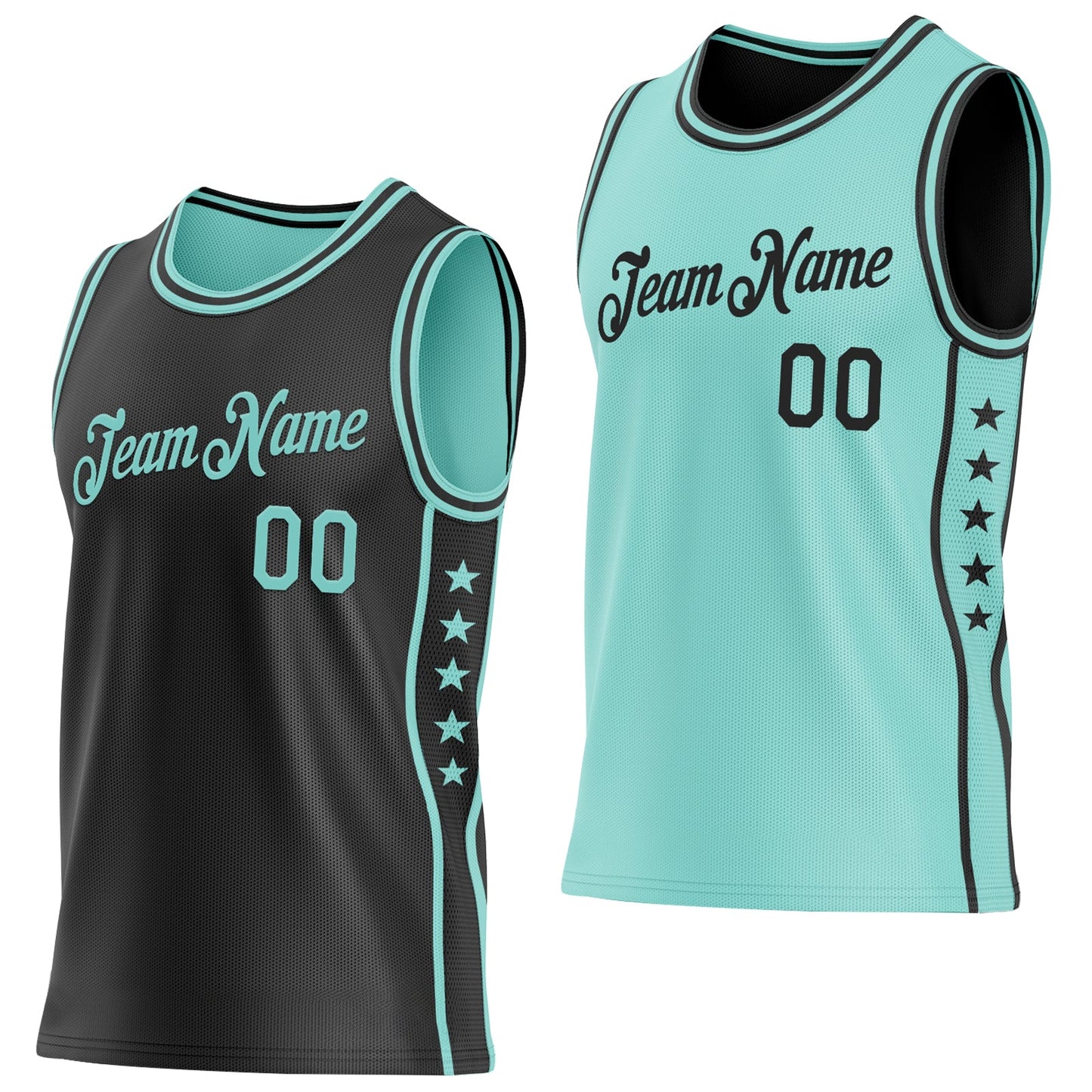 Custom Reversible Black Ice Blue Double Side Star Sublimation Basketball Set Jersey