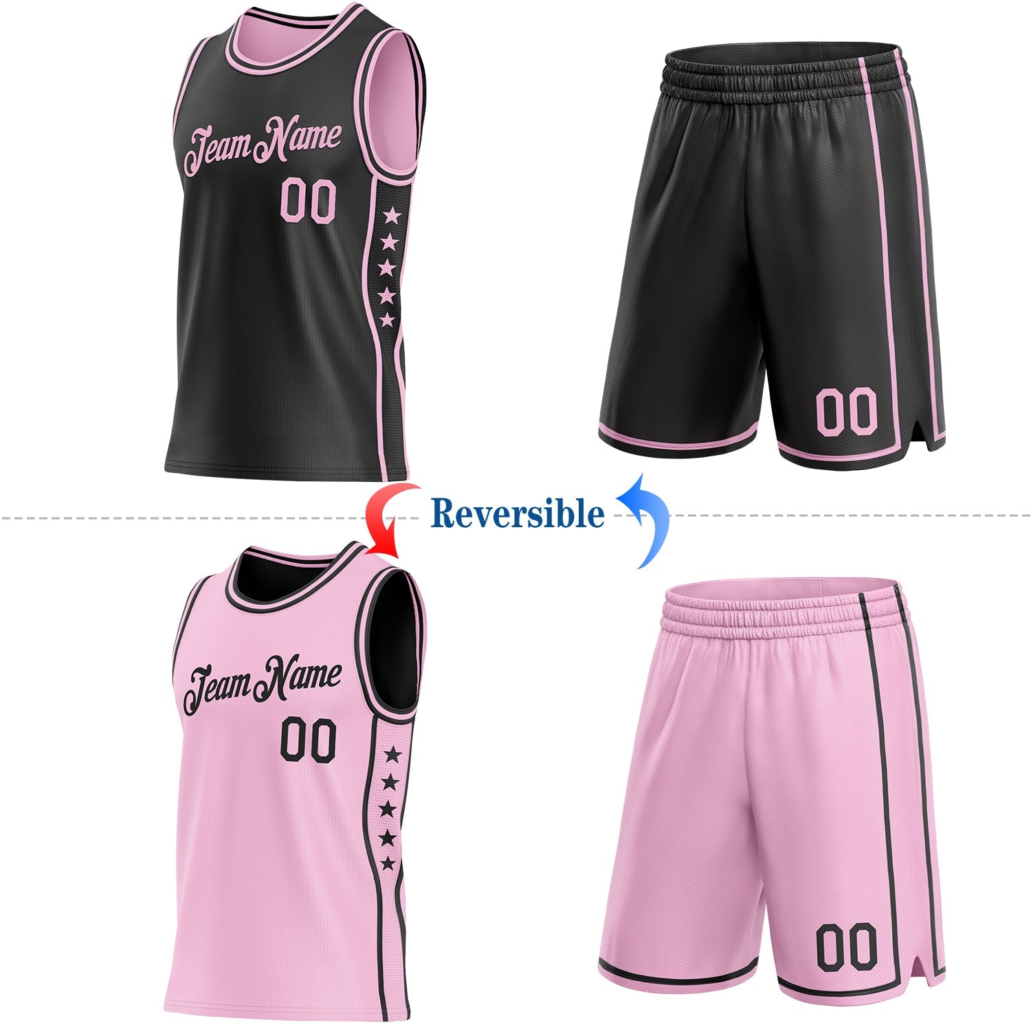 Custom Reversible Black Light Pink Double Side Star Sublimation Basketball Set Jersey