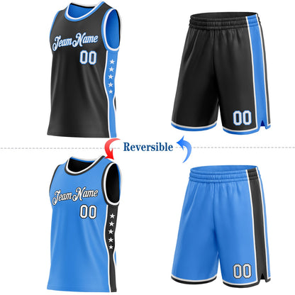 Custom Reversible Black White-Powder Blue Double Side Star Sublimation Basketball Set Jersey