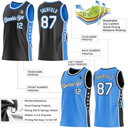 Custom Reversible Black White-Powder Blue Double Side Star Sublimation Basketball Set Jersey