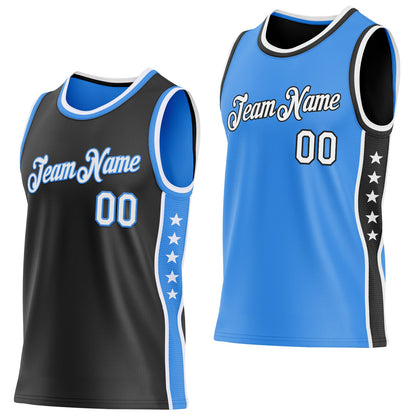 Custom Reversible Black White-Powder Blue Double Side Star Sublimation Basketball Set Jersey